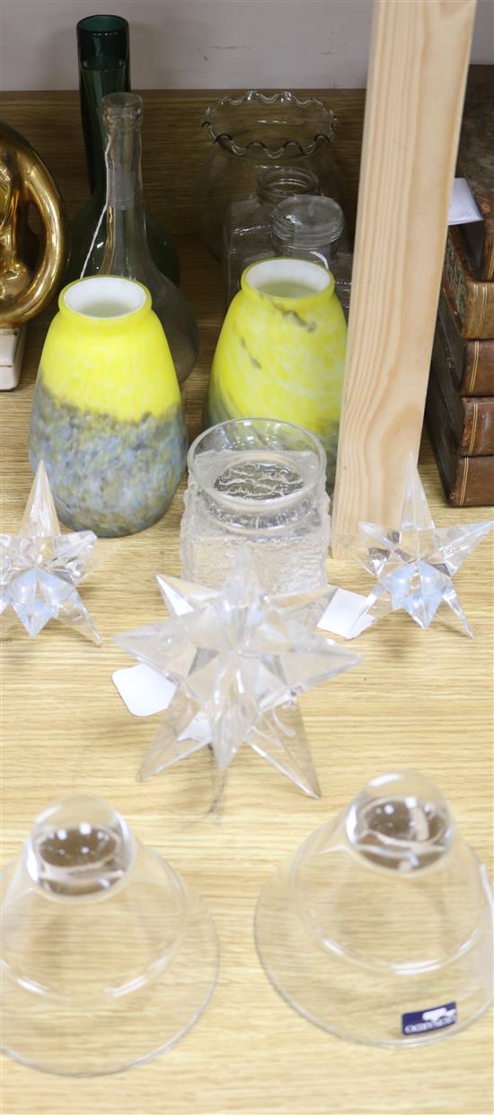 A pair of Daum style mottled yellow-blue glass shades and a collection of miscellaneous glassware,